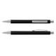 A black metal pen with silver accents, featuring a sleek design and a clip on the side.