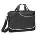 A black conference satchel with a shoulder strap and handles, featuring a stylish white trim and a logo.
