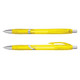 Two translucent yellow plastic pens with silver accents, featuring a textured grip and a click mechanism.