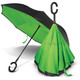 An inverted umbrella featuring a vibrant green and black design, with a curved handle and a sleek, modern look. An inverted umbrella featuring a vibrant green and black design, with a curved handle and a sleek, modern look.