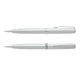 A set of silver metal pens with a sleek design and a branding logo on one side.