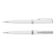 A set of two white metal pens with chrome accents and clips, featuring a sleek and elegant design.