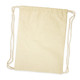 A drawstring backpack in a natural beige color, made from durable fabric, featuring rope-style drawstrings for closure.