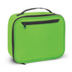 A green cooler bag with a zippered front pocket and a sturdy handle on top.