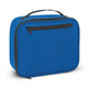 A blue lunch cooler bag with a zippered front pocket and a sturdy handle. It features a simple, clean design.