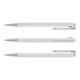 Three white plastic pens with silver accents, featuring a logo on each pen.