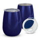 A drink bottle set featuring two deep navy travel mugs with stainless steel interiors and clear lids.