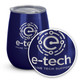 A drink bottle featuring a navy blue design with a stainless steel lid and a logo. Suitable for travel and outdoor use.