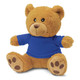 A plush teddy bear in brown with a blue shirt, featuring soft texture and paw details. It has a branded logo. A plush teddy bear in brown with a blue shirt, featuring soft texture and paw details. It has a branded logo.