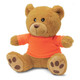 A brown teddy bear plush toy wearing an orange shirt, featuring a friendly face and soft, tactile fur.