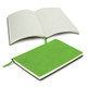 A green soft cover notebook with an open layout, featuring lined pages and a matching ribbon bookmark.