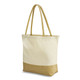 A beige tote bag with a natural hessian bottom and two sturdy handles. It has a branded logo on one side. A beige tote bag with a natural hessian bottom and two sturdy handles. It has a branded logo on one side.