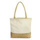 A natural tote bag with a cream upper section and a jute lower section, featuring long, tan handles. A natural tote bag with a cream upper section and a jute lower section, featuring long, tan handles.