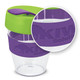 A drink bottle with a clear body, green lid, and purple silicone band. It features a logo on the side. A drink bottle with a clear body, green lid, and purple silicone band. It features a logo on the side.