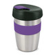 A reusable coffee cup featuring a stainless steel body, purple silicone band, and green lid. It has a logo on it.