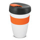 A drink bottle featuring a white body, orange silicone band, and a black lid. It has a logo on the front. A drink bottle featuring a white body, orange silicone band, and a black lid. It has a logo on the front.
