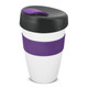 A drink bottle featuring a white body, purple grip, and black lid, designed for convenient use. A drink bottle featuring a white body, purple grip, and black lid, designed for convenient use.