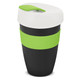 A drink bottle featuring a black body with green accents and a white lid, complete with a logo.