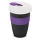 A drink bottle featuring a black body, a white lid, and a purple silicone band. It includes a logo.