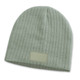 A green cable knit beanie featuring a patch. The design is textured and fitted for warmth. A green cable knit beanie featuring a patch. The design is textured and fitted for warmth.