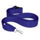 A blue ribbon lanyard with a clip attachment.