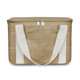 A brown cooler bag with white handles and a front pocket, featuring a zip closure. It has a simple, natural design. A brown cooler bag with white handles and a front pocket, featuring a zip closure. It has a simple, natural design.