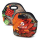 A colourful lunch bag featuring a vibrant autumn leaf and fresh produce designs, with a logo on one side.