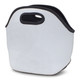 A white lunch bag with black stitching and handles, featuring a simple design and a branding logo. A white lunch bag with black stitching and handles, featuring a simple design and a branding logo.