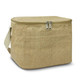 A tan jute cooler bag with a zip closure and a shoulder strap, featuring a front pocket and a logo.