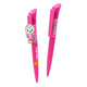 A pink plastic pen featuring a character charm and a logo, designed for promotional use.