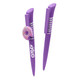 A purple plastic pen featuring a decorative donut charm and a branding logo.