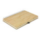 A bamboo notebook with a spiral binding and a leather strap, featuring a natural wooden finish.