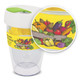 A drink bottle with a transparent body, white lid, and green top, featuring a colourful fruit and vegetable design.