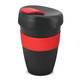 A drink bottle with a black body, red band, and lid, featuring a logo. It's designed with a double wall for insulation.