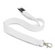 A white cotton lanyard featuring a metal clip and a safety breakaway buckle. It has a smooth, flat design. A white cotton lanyard featuring a metal clip and a safety breakaway buckle. It has a smooth, flat design.