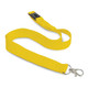 A yellow cotton lanyard with a clips attachment and an adjustable buckle. A yellow cotton lanyard with a clips attachment and an adjustable buckle.