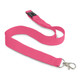 A pink cotton lanyard with a clip at one end and a breakaway feature in the middle. It has a branding logo. A pink cotton lanyard with a clip at one end and a breakaway feature in the middle. It has a branding logo.