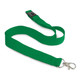 A green cotton lanyard with a metal clip and a plastic breakaway buckle. It has a smooth, flat design. A green cotton lanyard with a metal clip and a plastic breakaway buckle. It has a smooth, flat design.