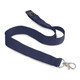 A navy blue cotton lanyard with a metal clip and adjustable buckle, featuring a branding logo. A navy blue cotton lanyard with a metal clip and adjustable buckle, featuring a branding logo.