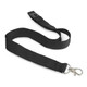 A black cotton lanyard with a metal clip at one end and an adjustable buckle. It has a simple design. A black cotton lanyard with a metal clip at one end and an adjustable buckle. It has a simple design.