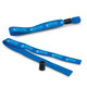 A blue event wristband with a black adjustable closure, featuring a logo along its length.