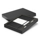 A black gift box containing a dark grey notebook and a silver pen. The notebook includes a section for notes.