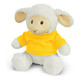 A soft, white lamb plush toy wearing a yellow shirt, featuring oversized ears and a friendly expression.