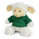 A fluffy lamb plush toy with cream fur and a green shirt, featuring soft ears and a friendly expression.
