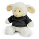 A soft, fluffy lamb plush toy with cream and beige fur, wearing a black hoodie. It has a friendly, smiling face.