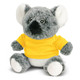 A grey koala plush toy wearing a yellow shirt, featuring large ears and a fluffy texture.