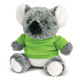 A grey koala plush toy wearing a green shirt, featuring large ears and a cute face, with a logo on its shirt.