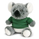 A grey koala plush toy wearing a green shirt, featuring large ears and a cute expression. It has a logo on its shirt.