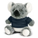 A grey koala plush toy wearing a dark navy shirt, with large ears and a friendly expression.