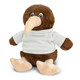 A brown Kiwi plush toy with a beige beak and feet, wearing a white T-shirt. It has a logo on the shirt. A brown Kiwi plush toy with a beige beak and feet, wearing a white T-shirt. It has a logo on the shirt.